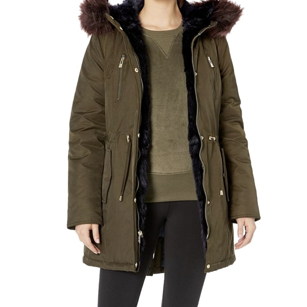Betsey Johnson Cotton Parka with Multicolor Faux Fur Trim